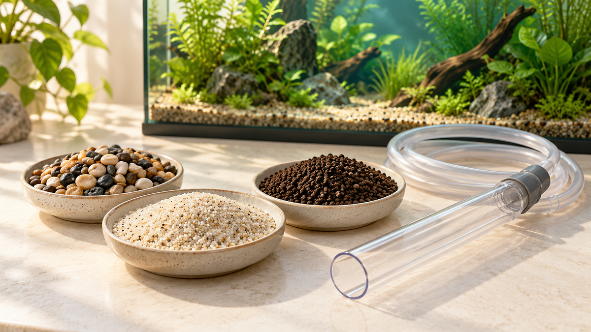 Illustration of an aquarium siphon beside separate samples of gravel, sand and aquasoil.