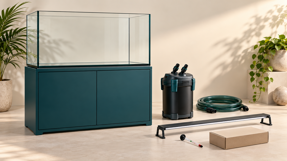 Illustration of an empty aquarium on a teal cabinet with a separate filter, hoses, light and thermometer.