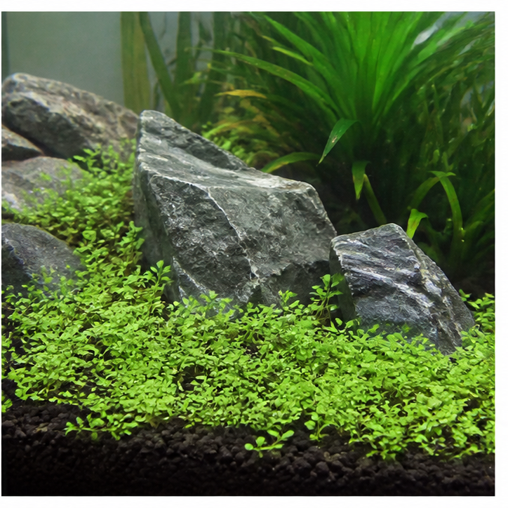 Dense low aquarium plants of the kind that give fry cover in a grow-out or breeding tank