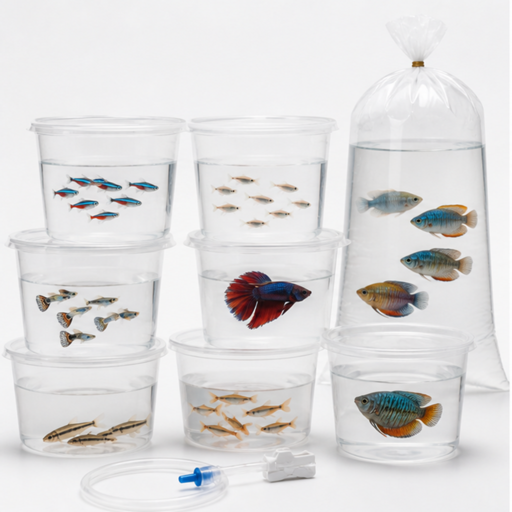 A selection of small community aquarium fish including livebearer-type species suitable for a UAE home aquarium