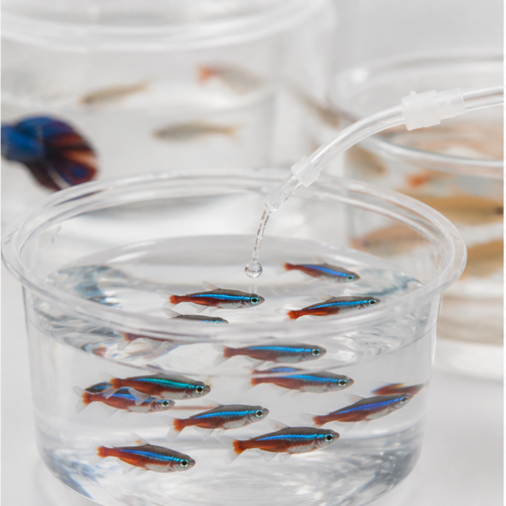 A small group of neon tetras being inspected in a clear container before purchase