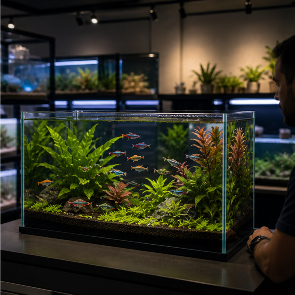 A planted community aquarium being observed closely for signs of fish health problems