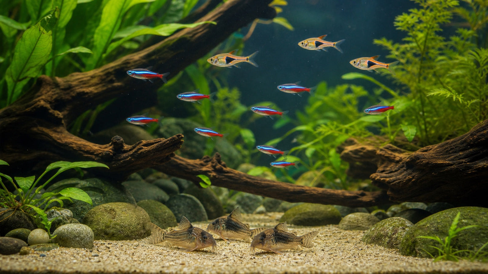 Peaceful planted freshwater community aquarium with fish using different swimming zones