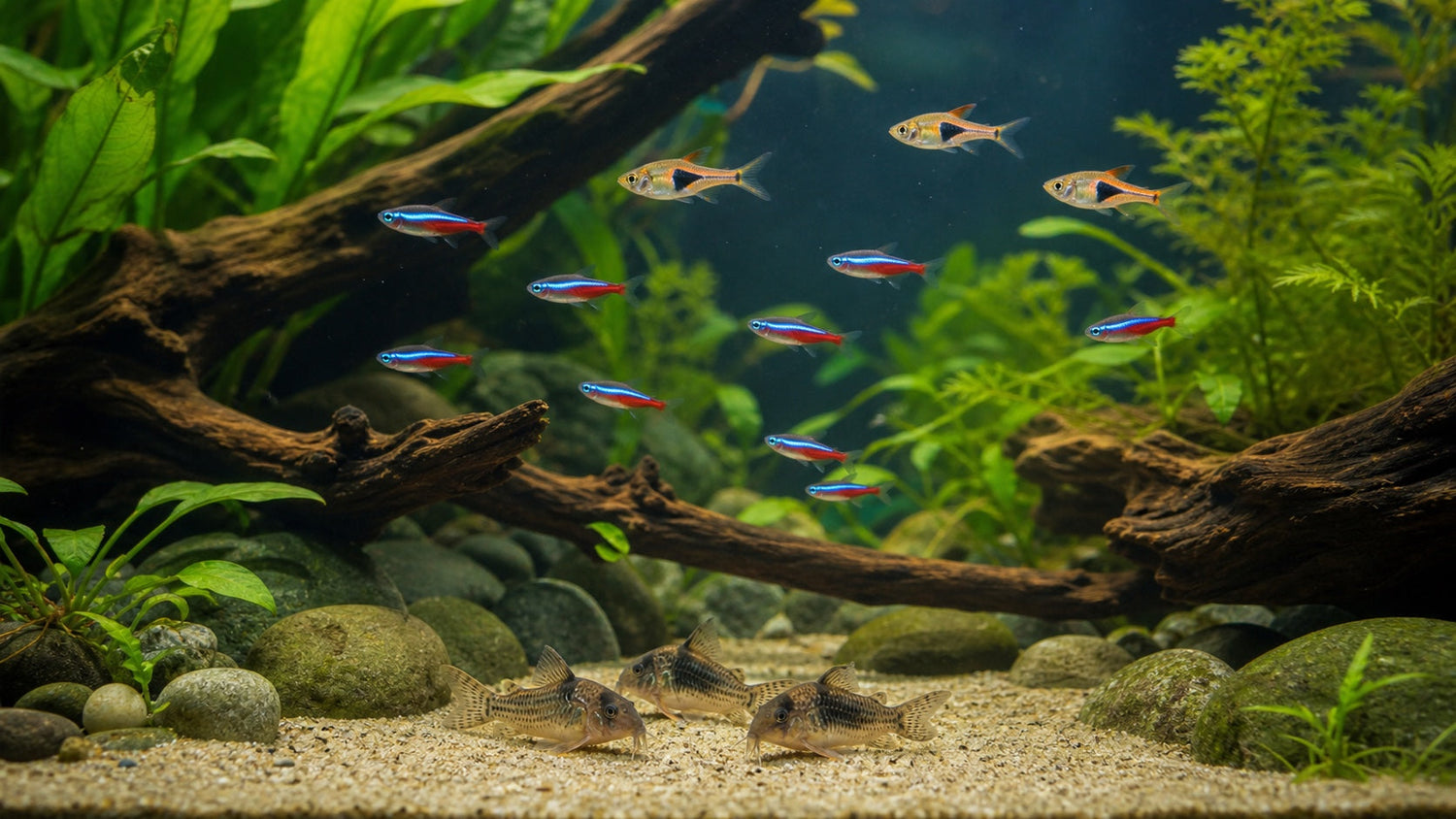 A fully aquascaped freshwater aquarium with fish, driftwood and plants, sitting on its stand
