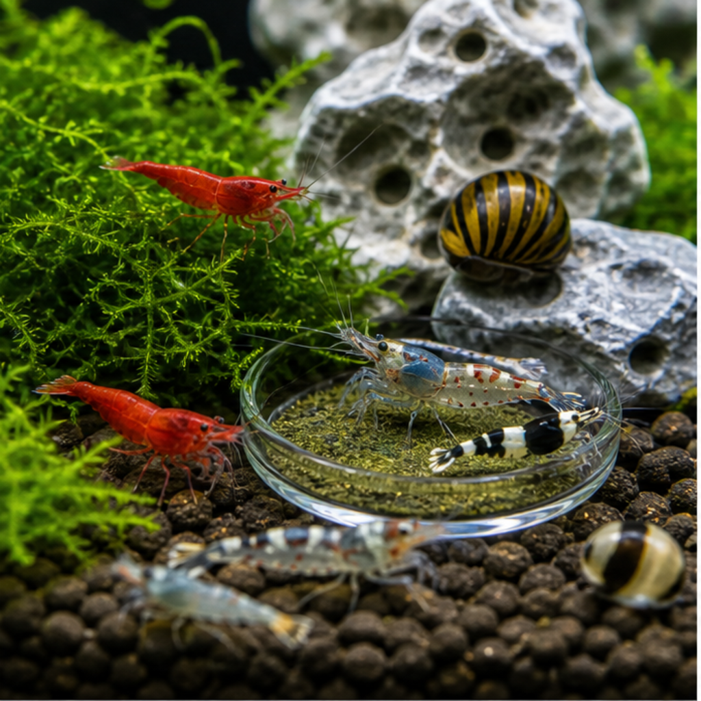 Nerite snails and cherry shrimp grazing on moss and substrate in a planted freshwater aquarium