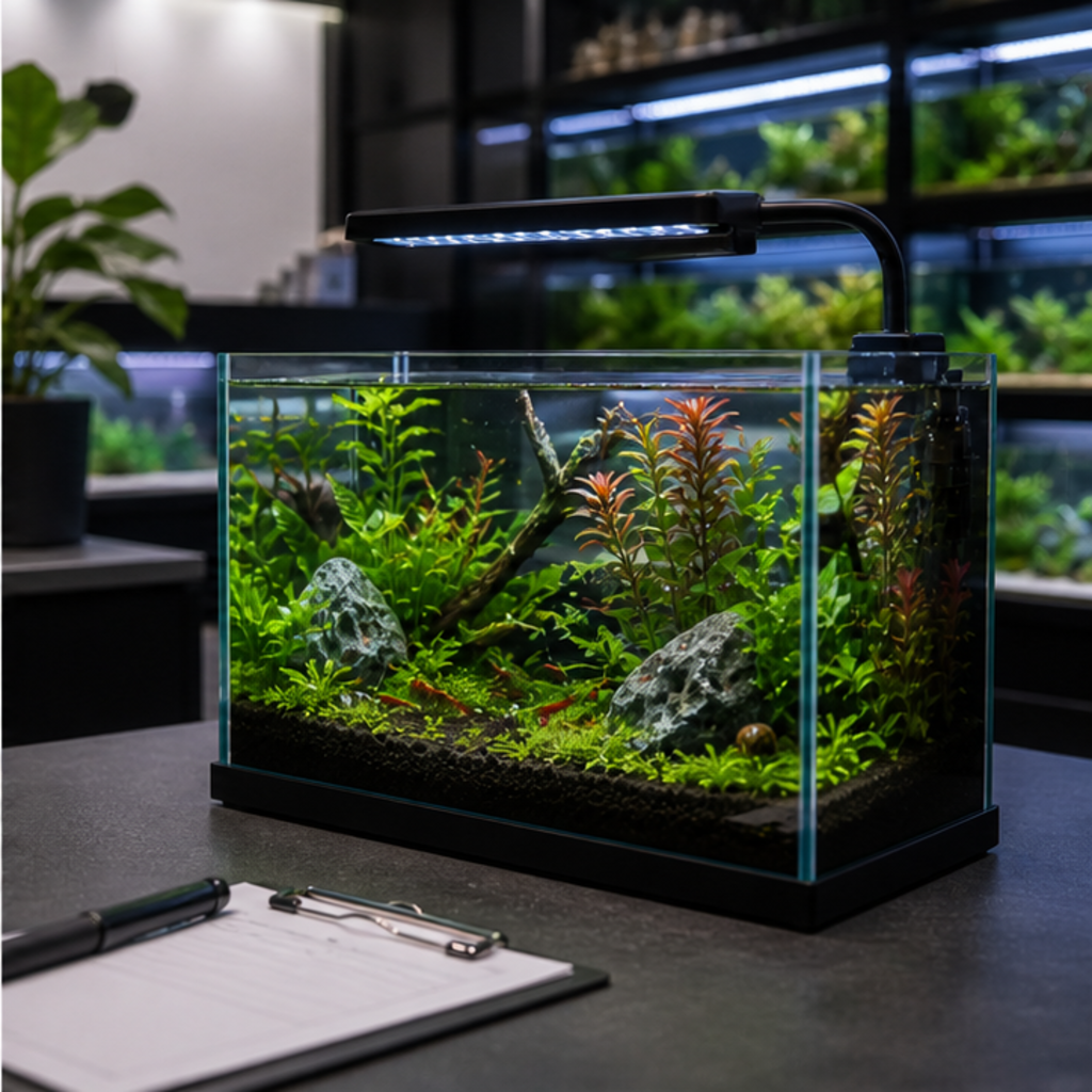 A planted aquarium with a clipboard and pen for recording water test results