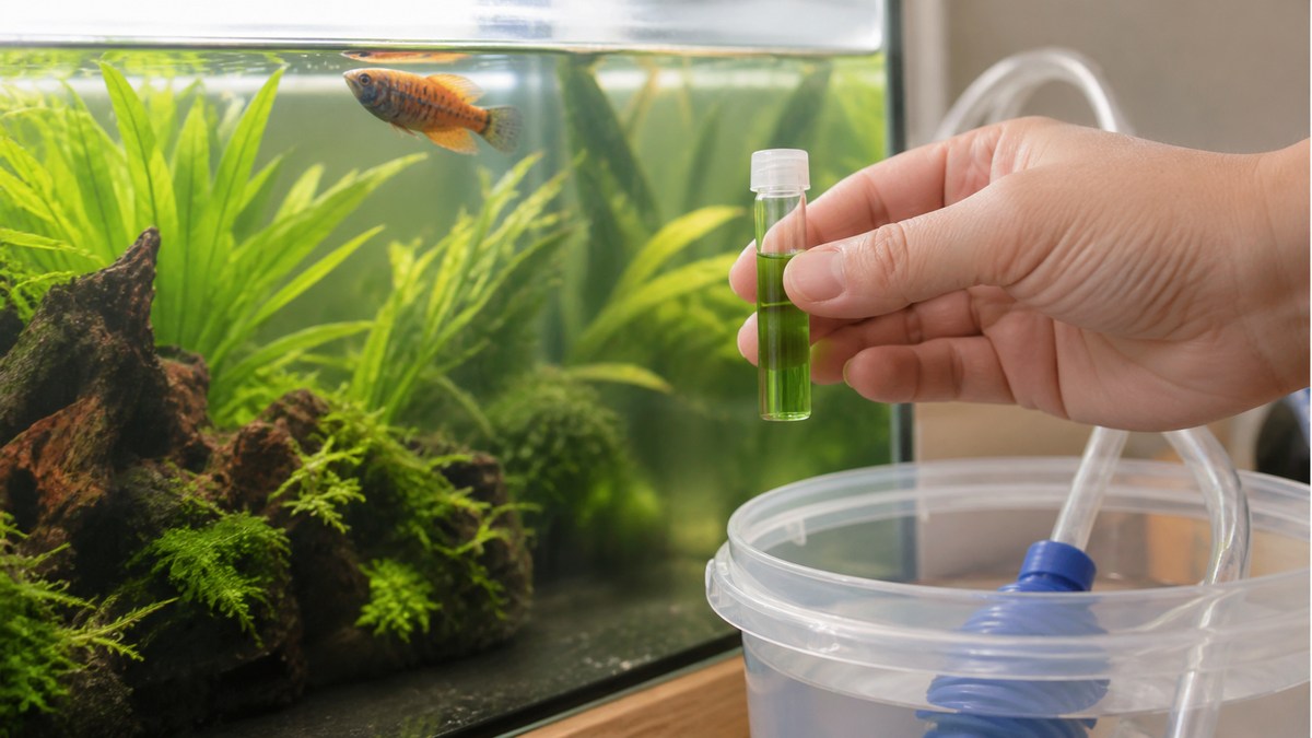 A green ammonia test result beside an aquarium prepared for an emergency water change.