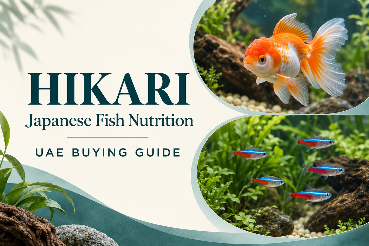 Illustrated Hikari UAE buying guide with a fancy goldfish and neon tetras shown in separate aquarium scenes.