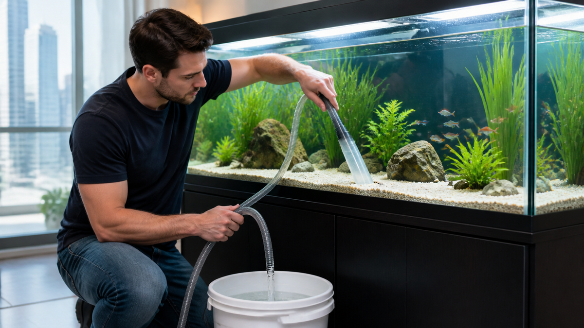 A gravel vacuum siphoning debris during a safe partial aquarium water change.