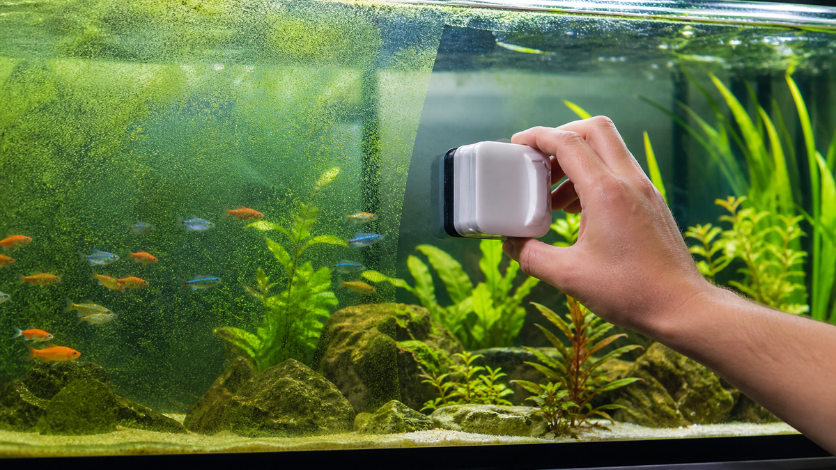A magnetic algae cleaner removing a thin film from aquarium glass.