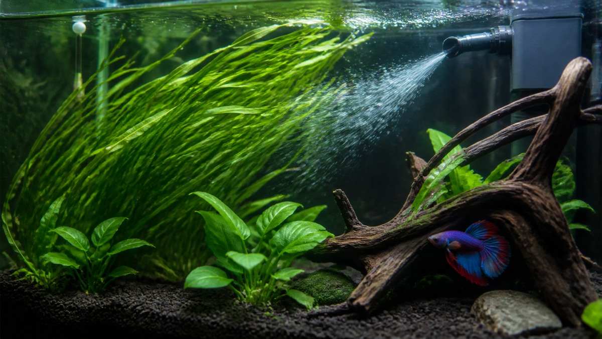 Strong filter flow bending aquarium plants while a betta rests in a sheltered area.