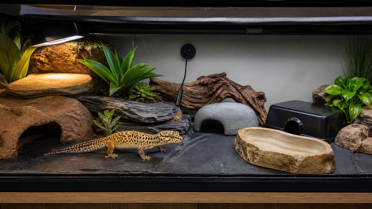 A leopard gecko in a safe enclosure with three hides, solid substrate and controlled heating.