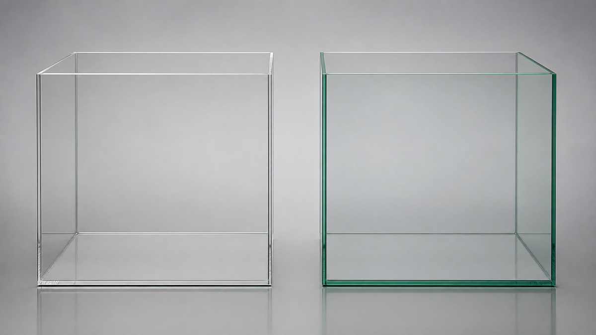 Low-iron and regular aquarium glass compared by their clear and green-tinted edges.