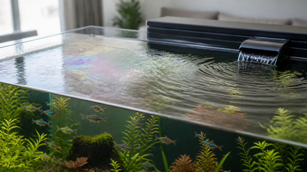 Oily surface film beside clear filter ripples on a planted freshwater aquarium