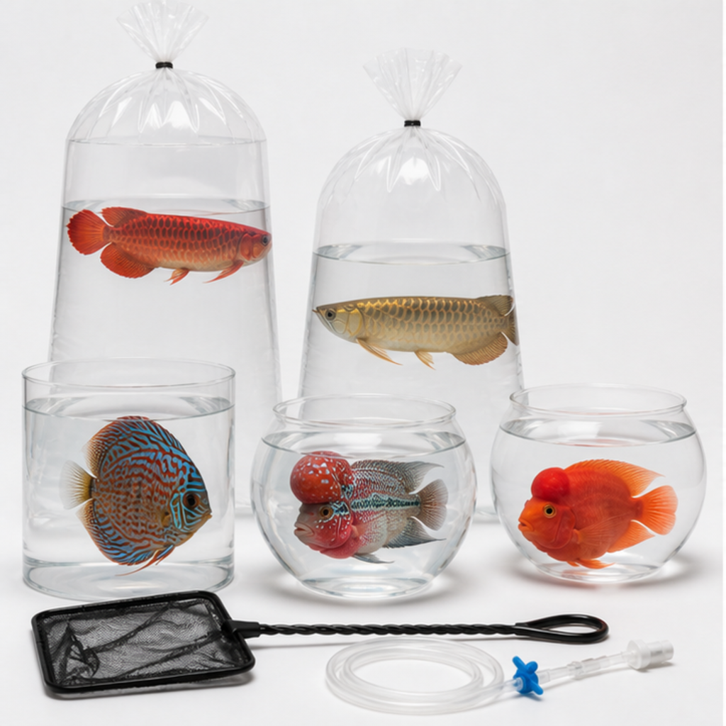 Fish packed in transport bags and containers, ready for a move across the city
