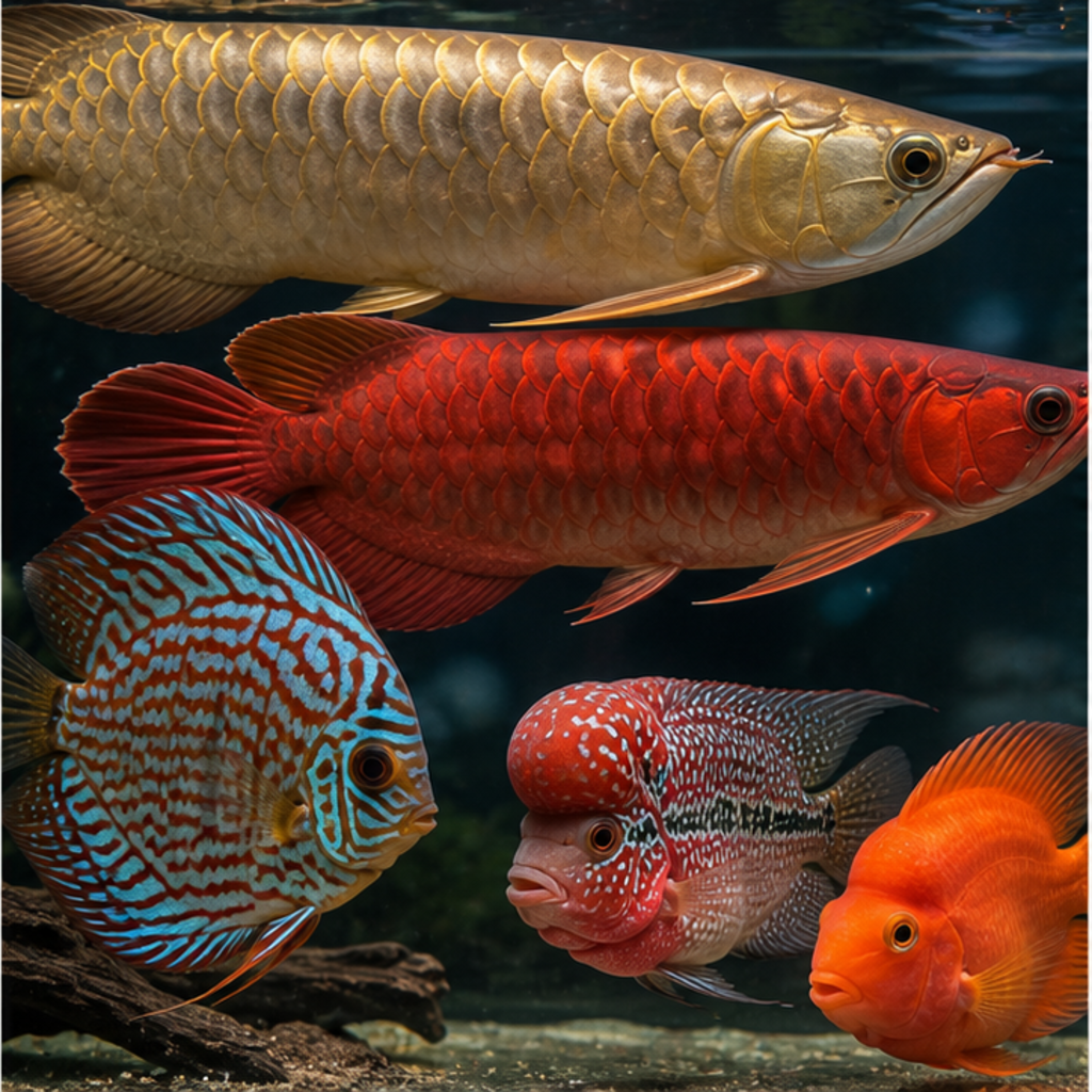 Gold and red arowana swimming alongside other premium display fish