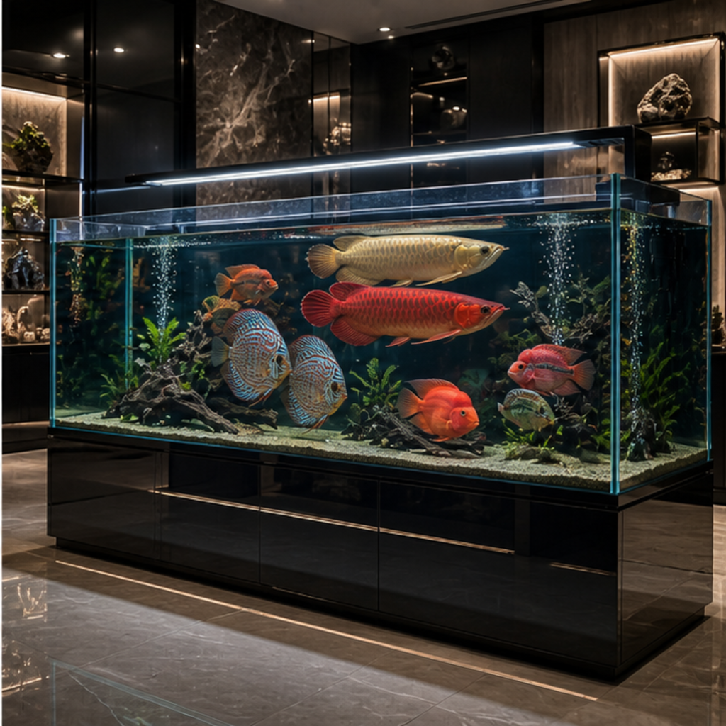 Large premium display aquarium built into a modern UAE living room