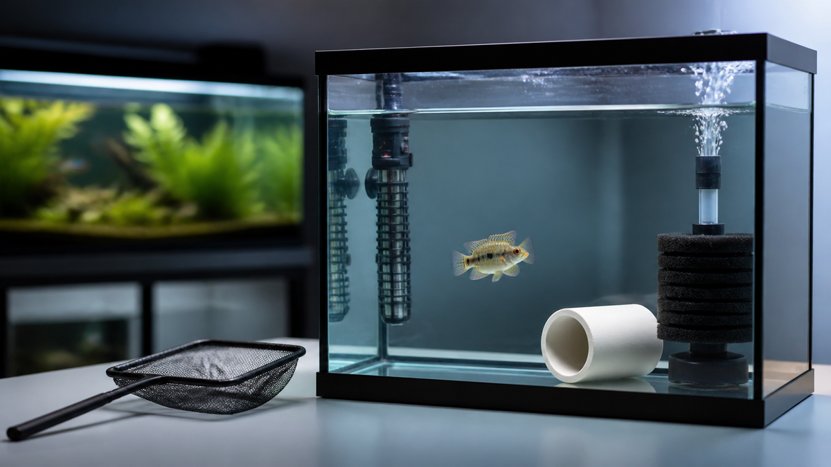 A new freshwater fish in a simple quarantine tank with a sponge filter and shelter.