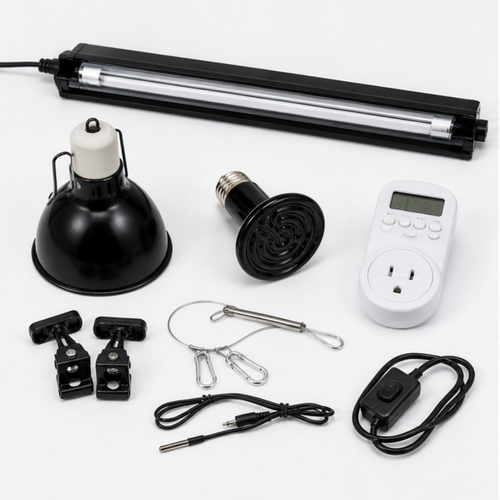 A reptile heat and UVB lamp kit with its fittings and cables laid out, illustrating the electrical hardware that sits around aquariums and vivariums