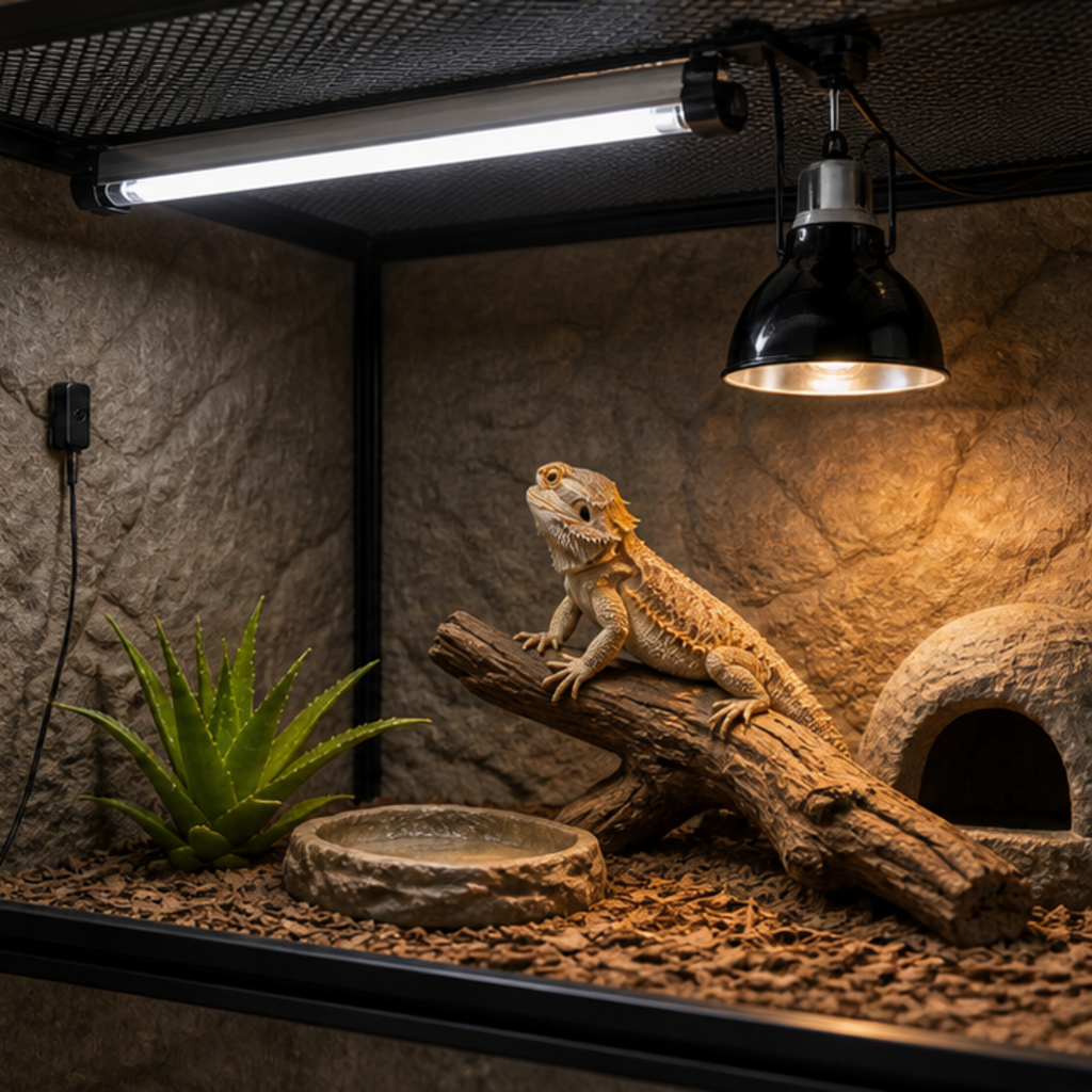 A bearded dragon basking under a heat lamp in a properly set up desert vivarium
