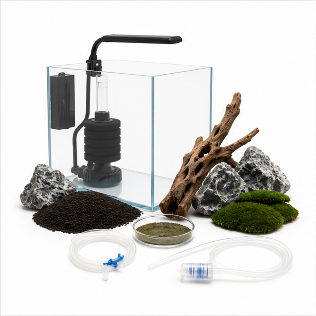 A small rimless nano aquarium laid out with a sponge filter, clip-on LED light, substrate and hardscape
