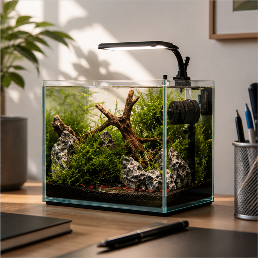 A planted aquarium with shrimp and a cleanup crew grazing on plants and hardscape