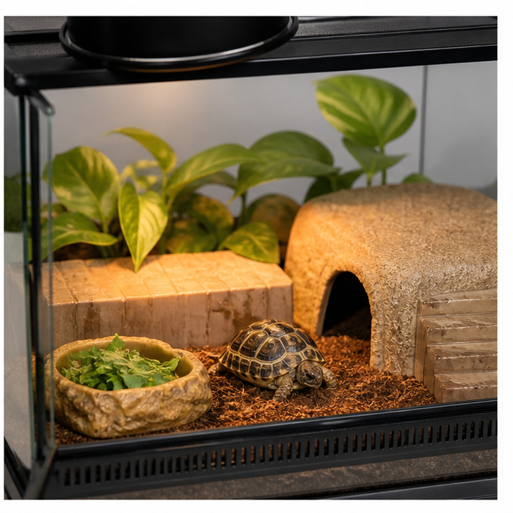 A tortoise in a terrarium enclosure with hide, water dish and basking area