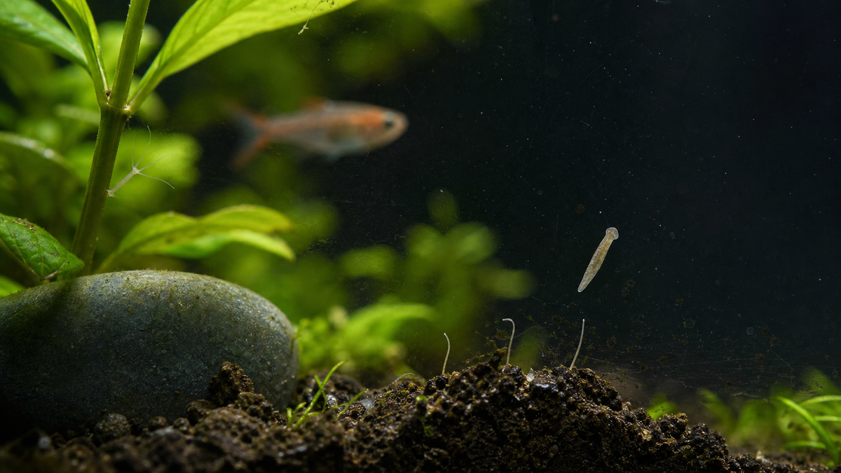 Tiny pale worms and a hydra-like polyp seen on the glass and substrate of a planted freshwater aquarium