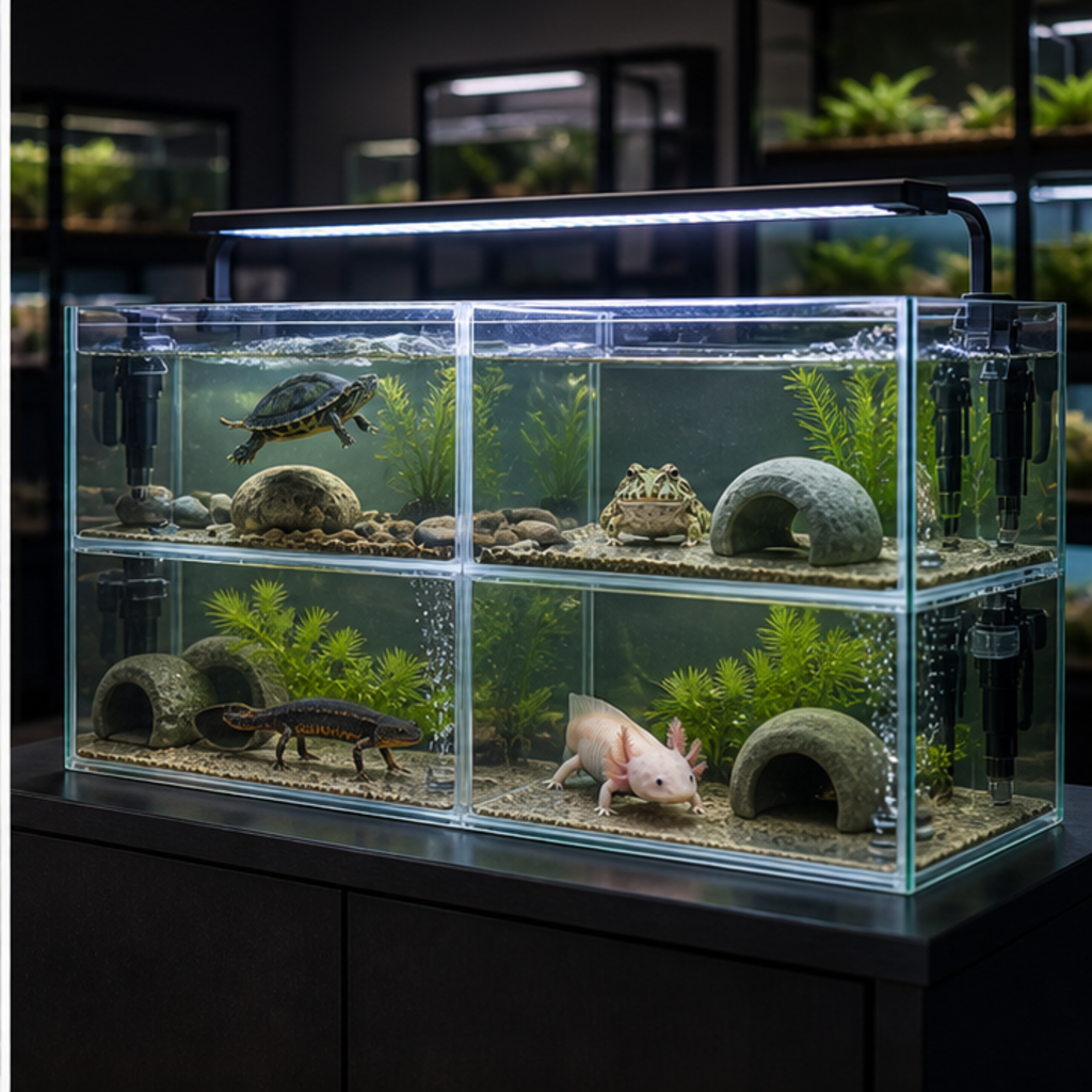 An aquatic turtle setup with water, basking area and filtration
