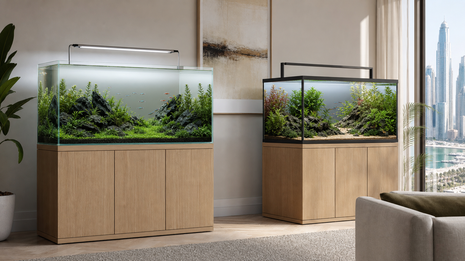 Rimless and braced planted freshwater aquariums on cabinets in a modern Dubai apartment
