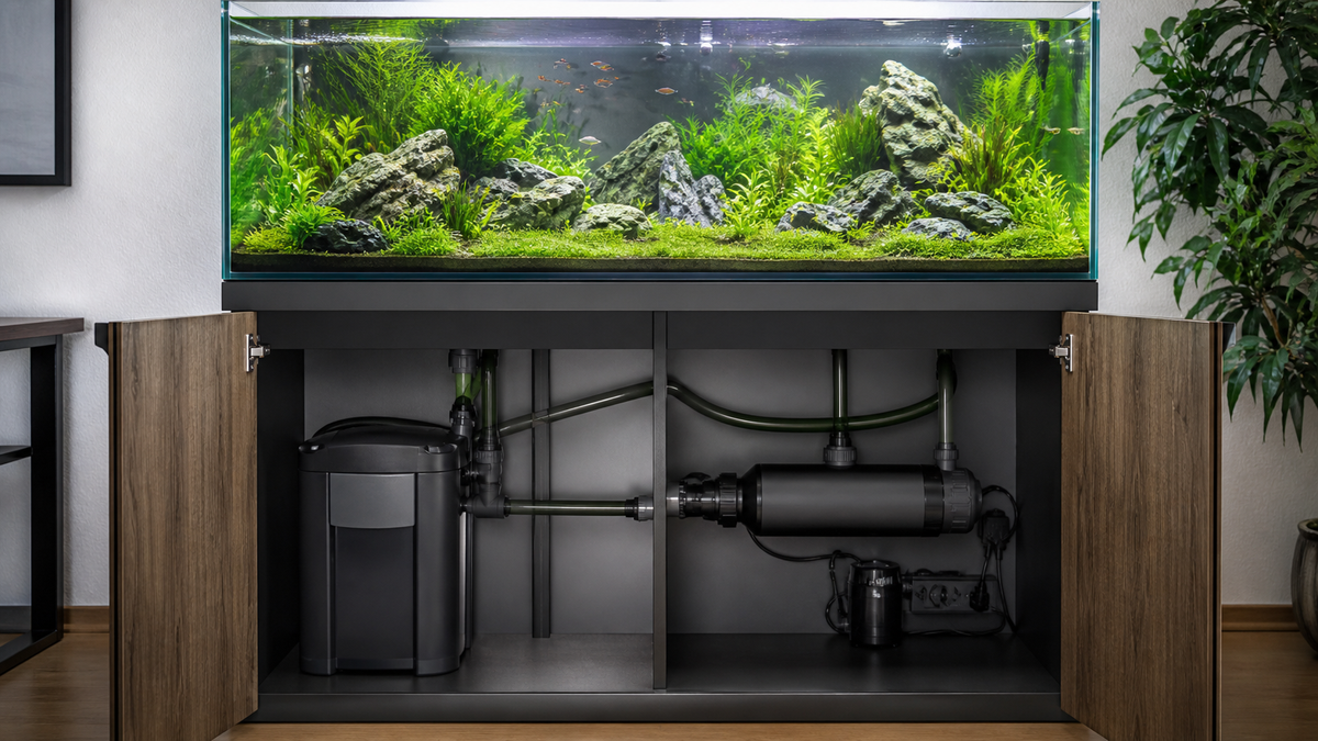 A sealed inline UV sterilizer correctly installed beside an aquarium canister filter.