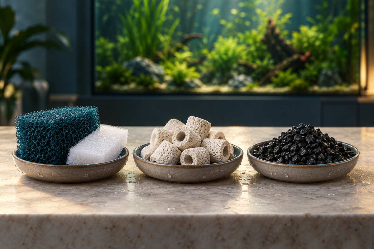Illustration of aquarium foam, a fine filter pad, porous ceramic rings and activated carbon in separate dishes.