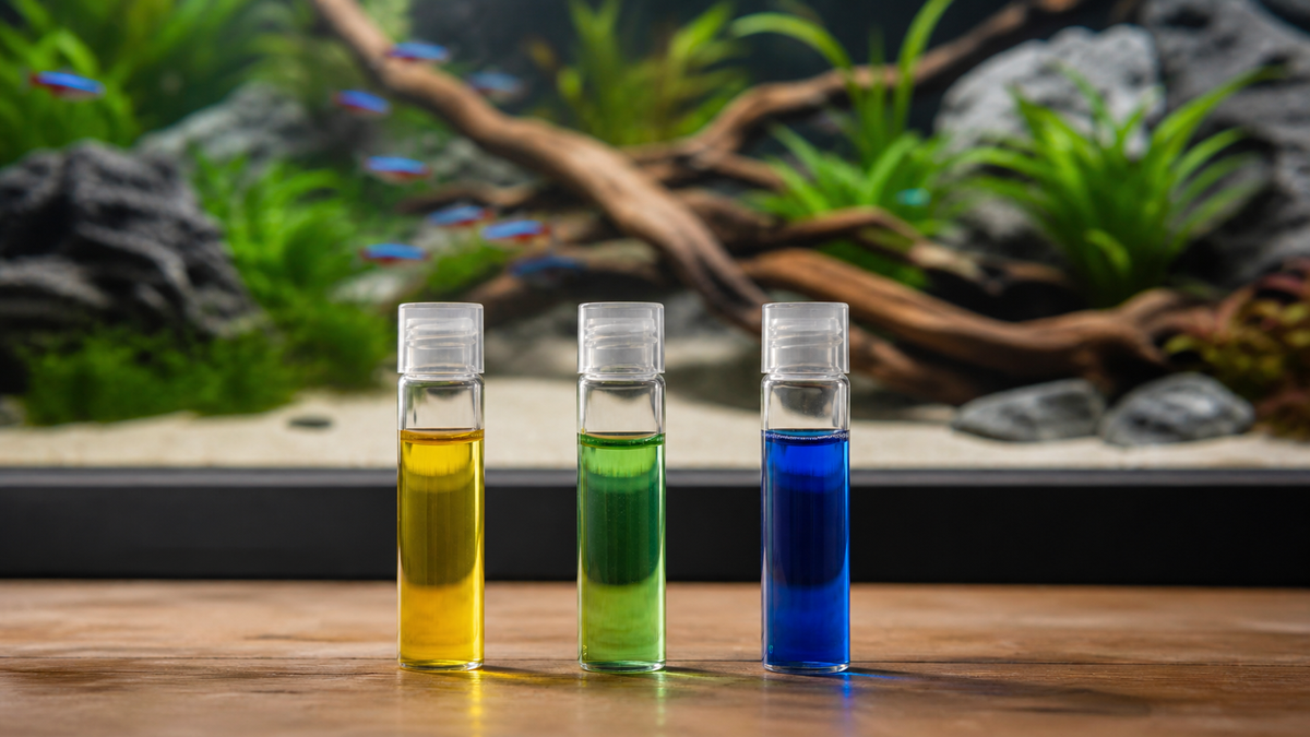 Three aquarium pH test vials showing different results beside the same fish tank.