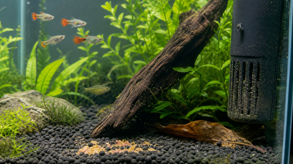 Trapped food and a decaying leaf beside an aquarium filter intake.