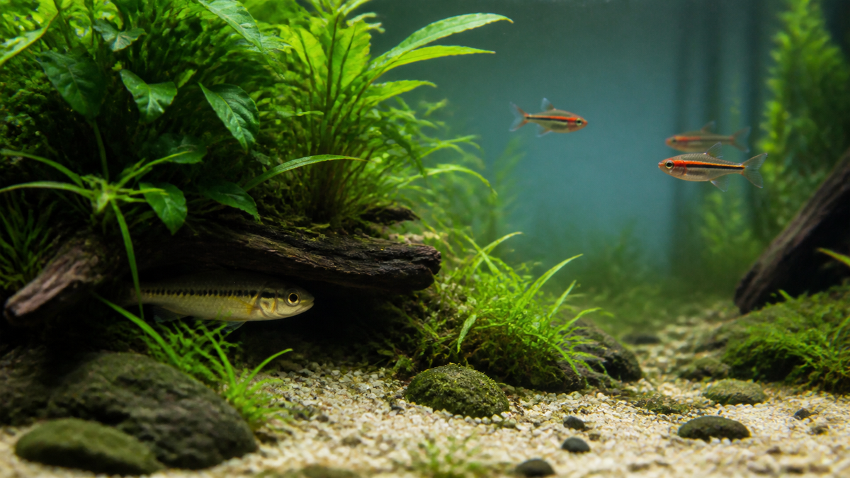 A freshwater fish hiding beneath driftwood among dense aquarium plants.