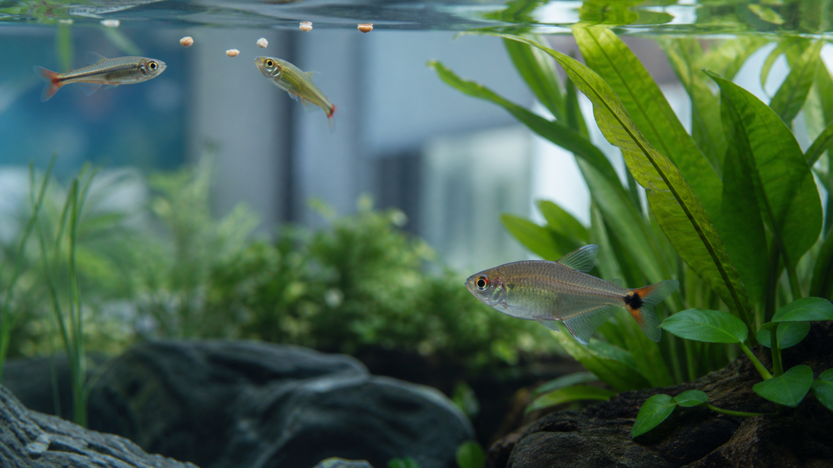 Two aquarium fish feeding at the surface while another stays away from the food among plants