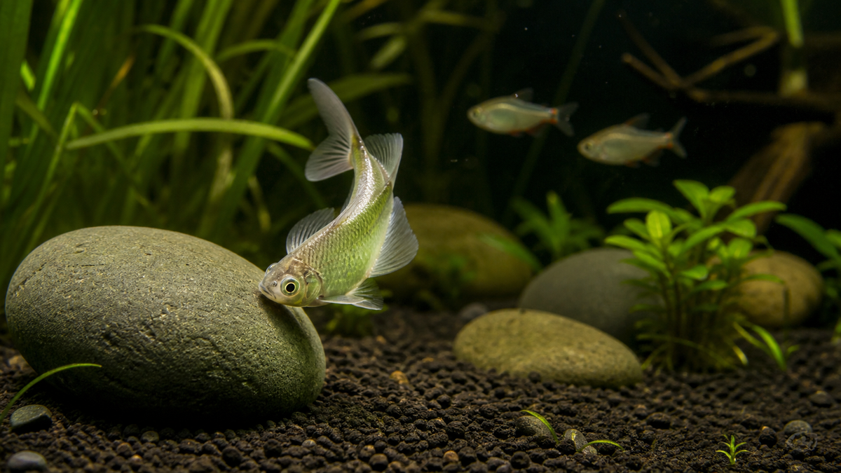 A freshwater fish turning to rub against a smooth aquarium rock while other fish swim normally