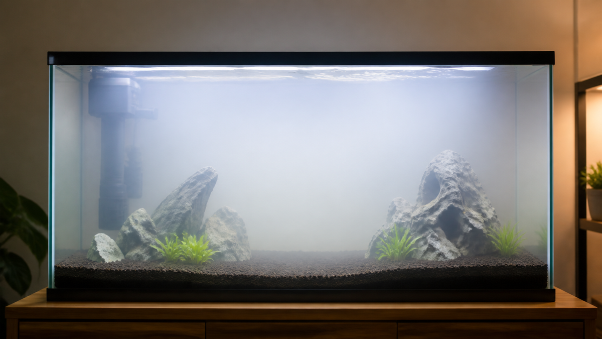 A newly set-up fishless aquarium with milky water from a bacterial bloom.
