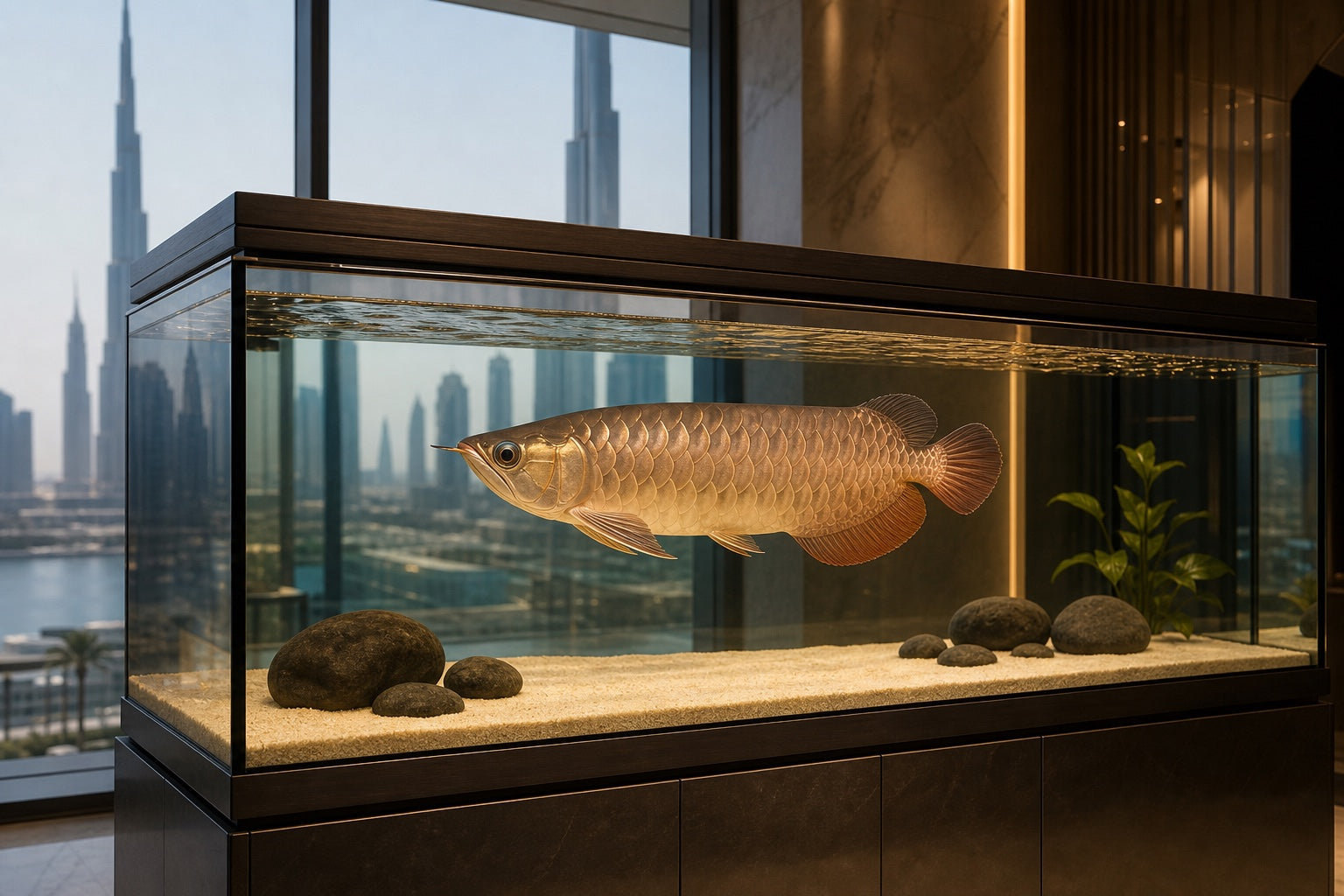 A healthy arowana swimming in a long covered aquarium