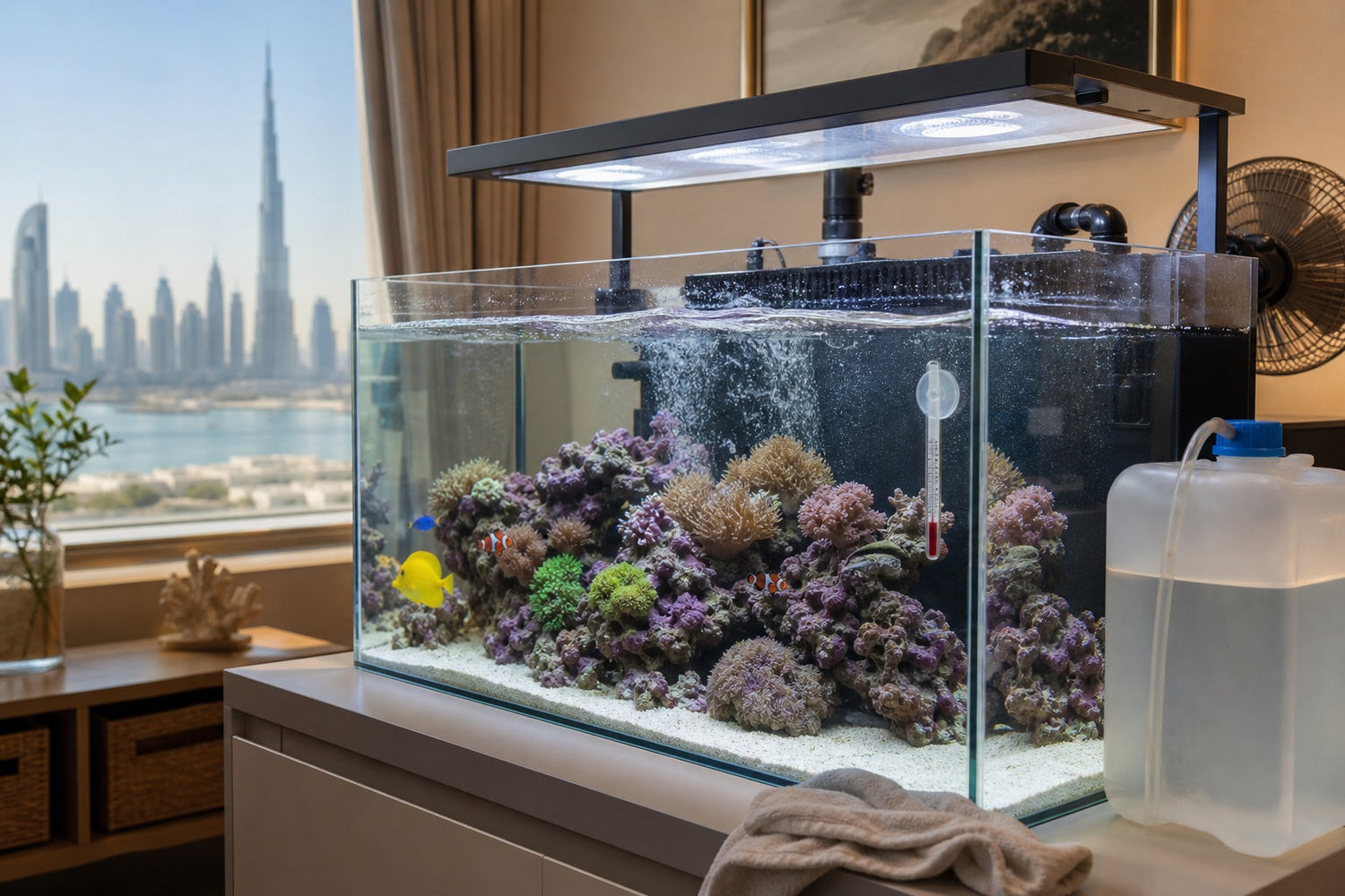A Dubai home aquarium set up for temperature checks and top-off maintenance