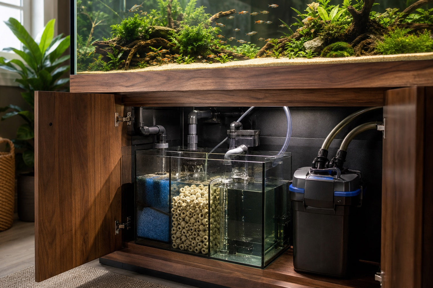An accessible aquarium cabinet with sump, biological media and canister filtration