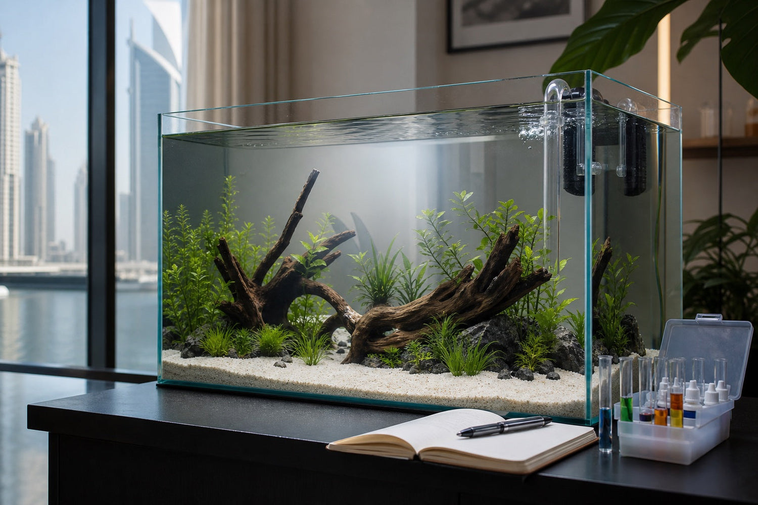 A newly planted aquarium with test kit and notebook before livestock is added