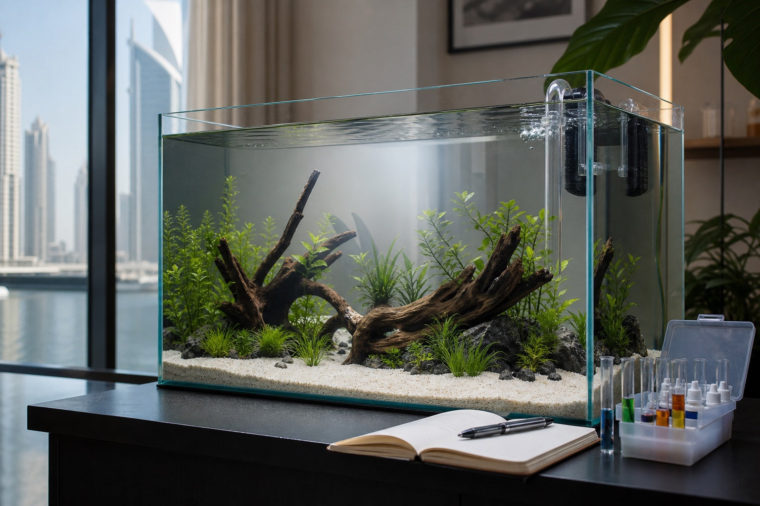 A newly planted aquarium with test kit and notebook before livestock is added