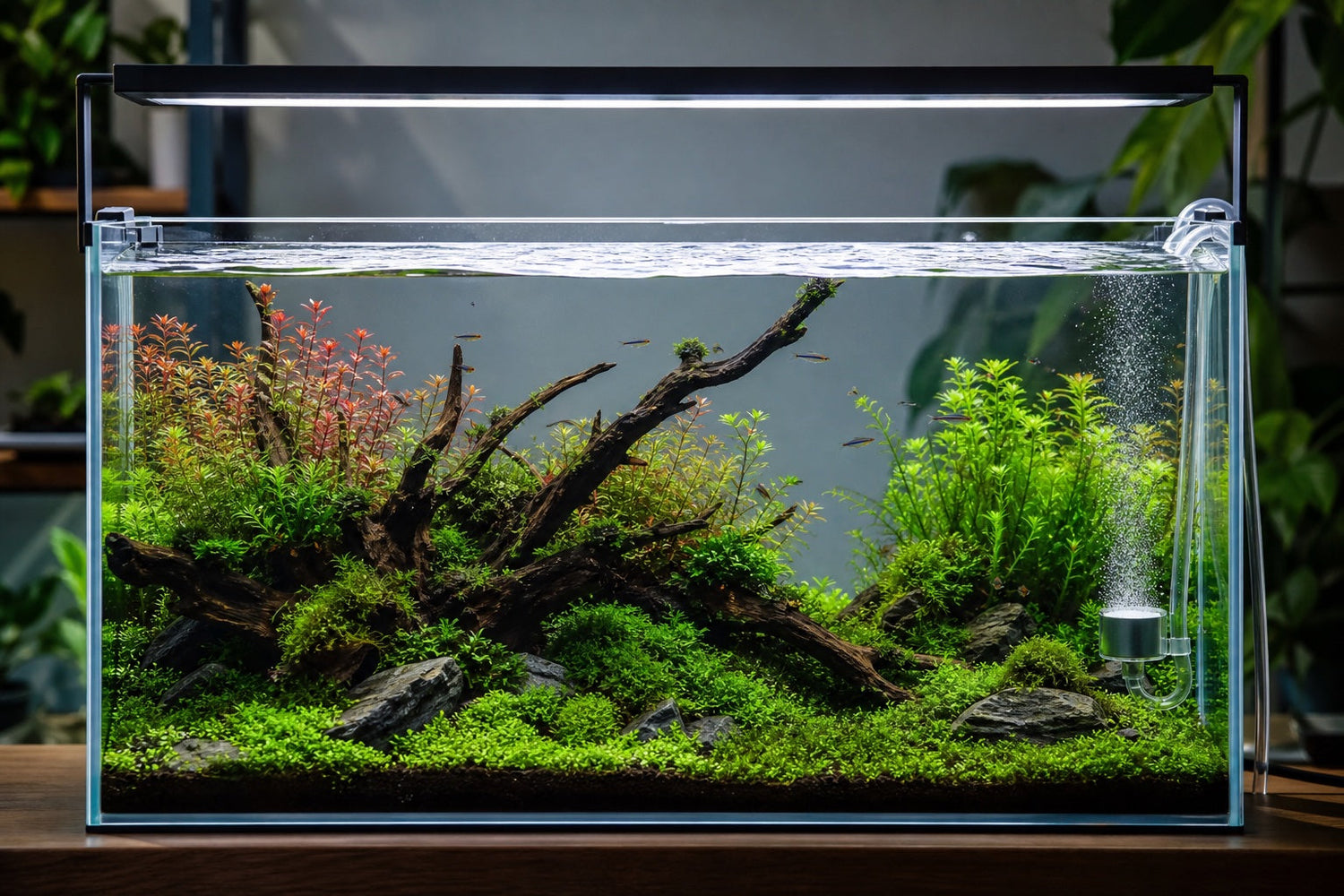A planted aquascape with CO2 diffuser and balanced LED lighting