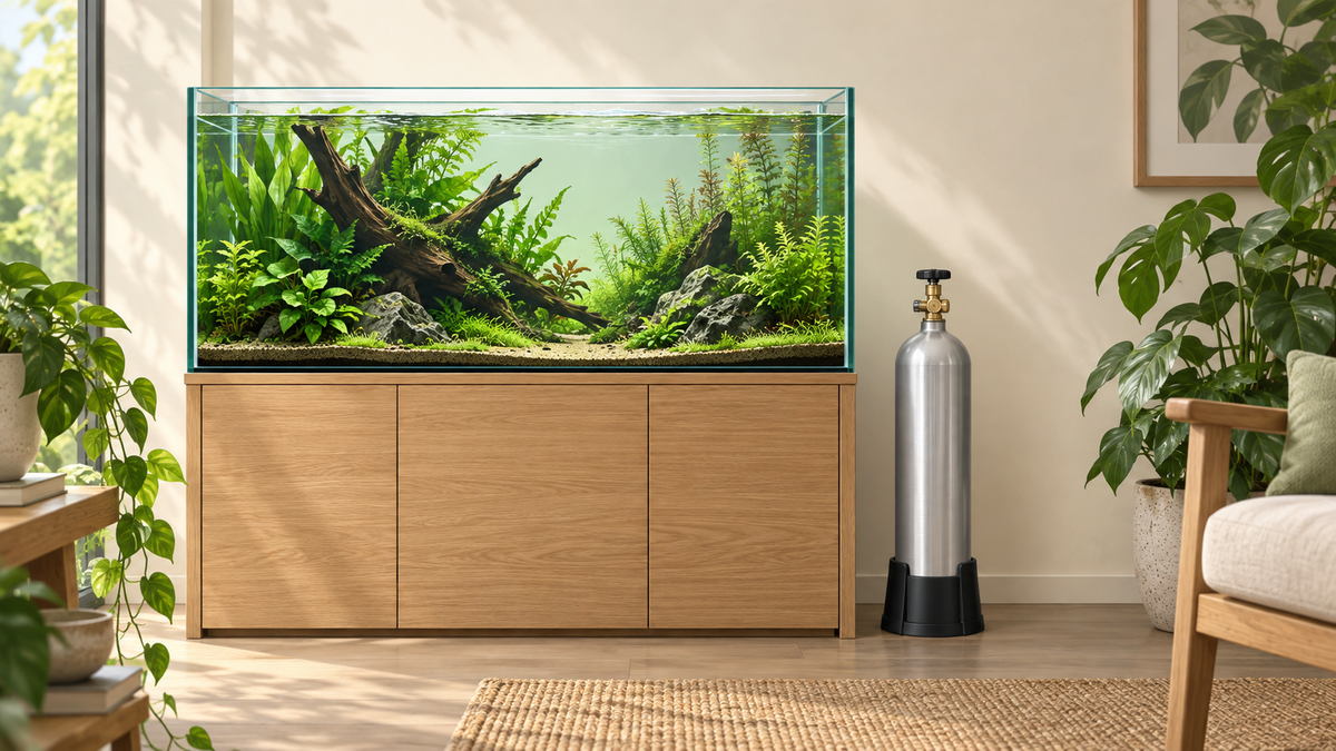 Illustration of a planted aquarium beside an upright aluminium CO2 cylinder in a support stand.