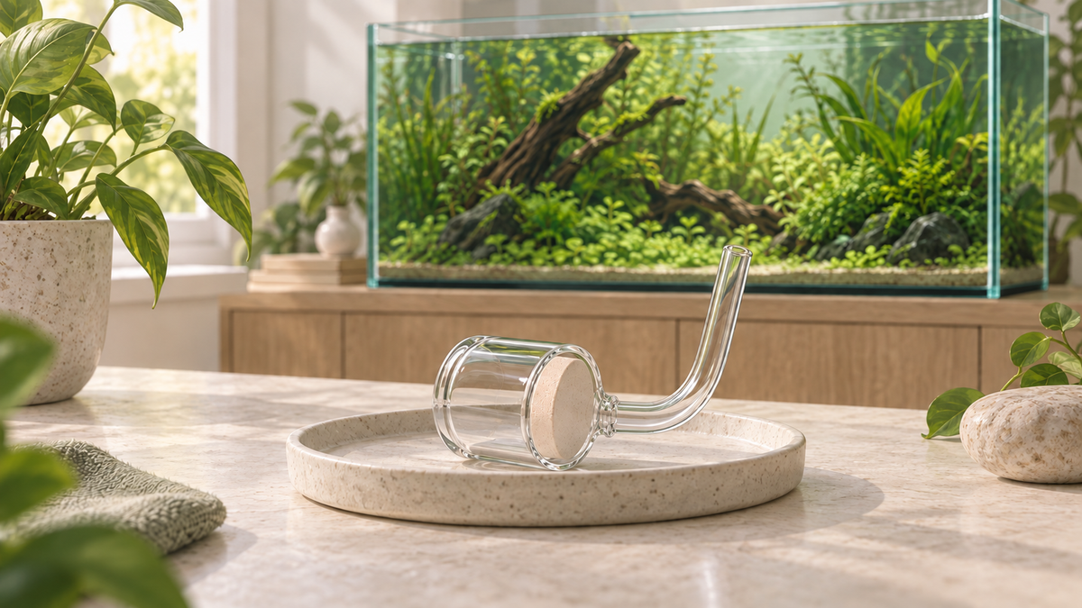 Illustration of a glass aquarium CO2 diffuser with a ceramic disc on a tray beside a planted fish tank.