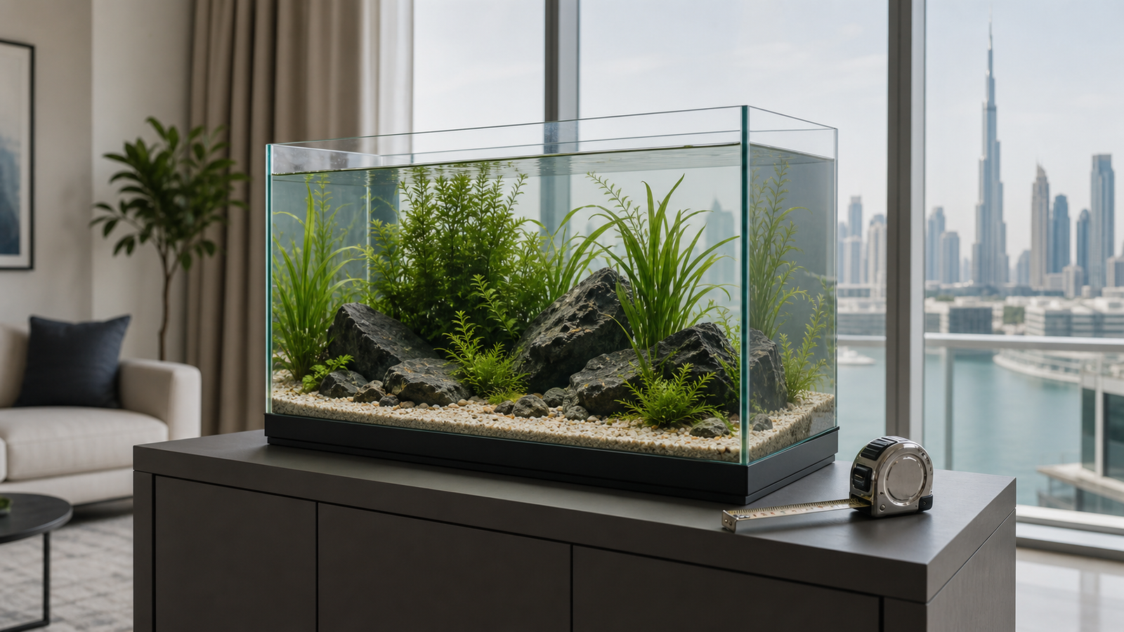 Modern freshwater aquarium on a sturdy cabinet with a measuring tape, illustrating aquarium dimensions and filled-weight planning