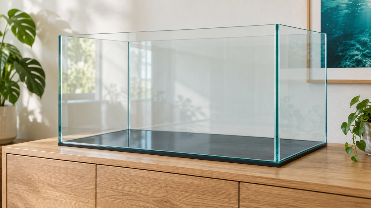 Illustration of an empty rimless glass aquarium on a thin fitted support mat above a wooden cabinet.