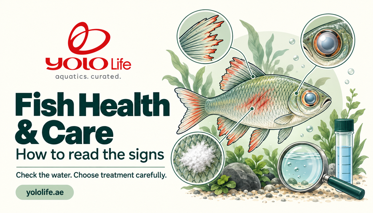 YoloLife Fish Health and Care illustration showing fin, eye and skin changes beside a water test vial.