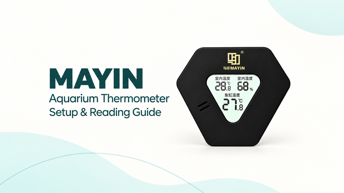 Black MAYIN aquarium thermometer showing separate tank temperature, indoor temperature and indoor humidity readings
